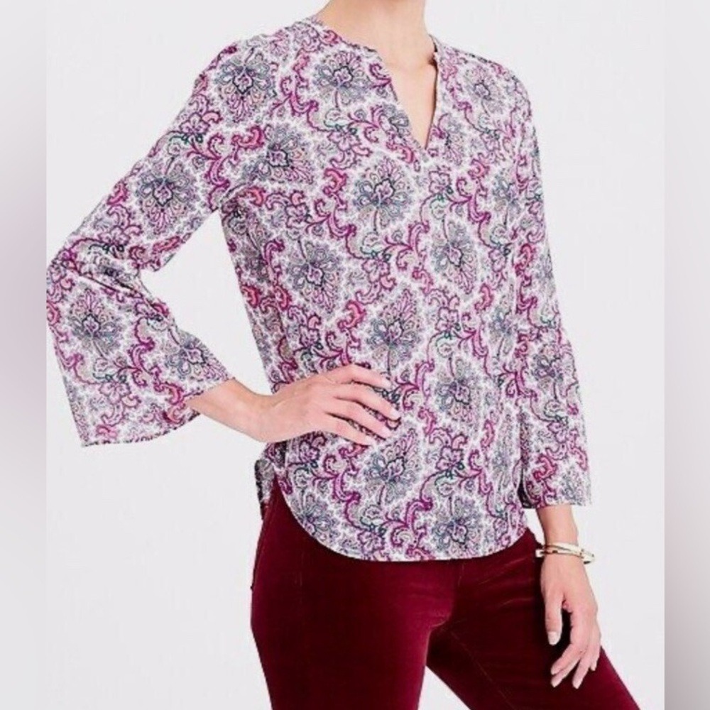J.Crew Factory Paisley Bell Sleeve Blouse Pink Multi Color Womens Small Boho Top